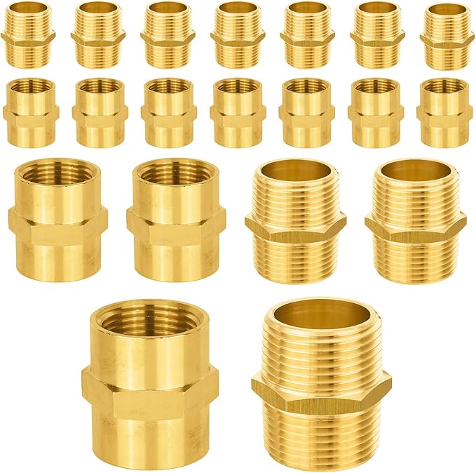 20-PCs HeSun Brass Pipe Fittings Combo, 10-PCs 1" NPT Male + 10-PCs 1" NPT Female Hex Nipple Adapter