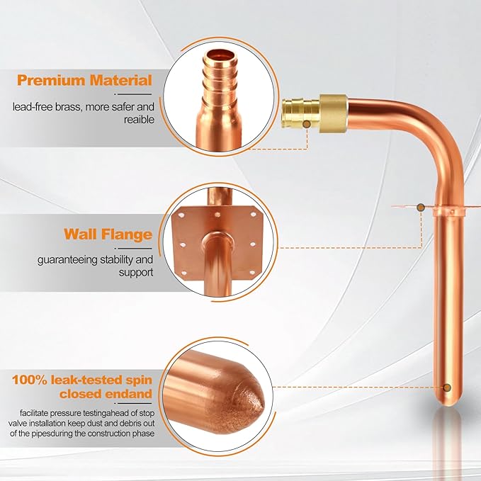 10 Packs Copper Pex Stub Out,1/2 Inch Pex-A Expansion F1960,Copper Stub Out Elbows With Wall Flange,Lead-Free 1/2" X 6" Plumbing Flange For Barb Crimp PEX-A,Pex Copper Stub Out 1/2 Expansion