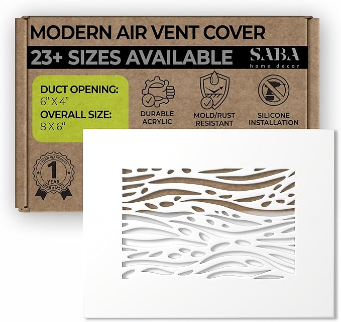 SABA Home Decor White Air Vent Cover - Acrylic Plexiglass 4 x 6 Duct Opening (6 x 8 Overall) Return Grille Decorative Covers for Walls & Ceilings NOT for Floor USE, Waves