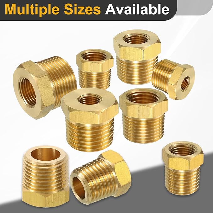 uxcell 2Pcs 1/2 BSPT Male x 1/8 NPT Female Brass Reducer Hex Bushing Threaded Pipe Fitting, Brass Threaded Pipe Fitting Adapter for Water, Gas, Oil Pipeline Systems