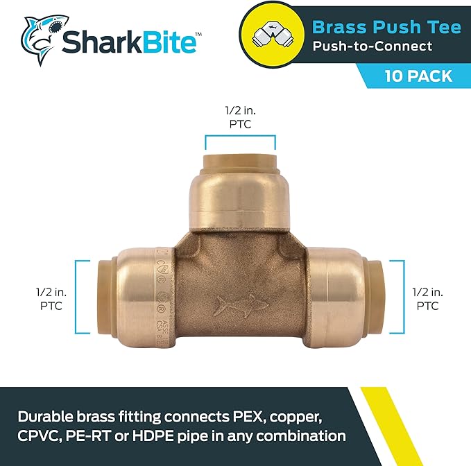 SharkBite 1/2 Inch Tee, Pack of 10, Push to Connect Brass Plumbing Fitting, PEX Pipe, Copper, CPVC, PE-RT, HDPE, U362LFCP