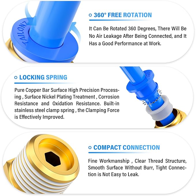 TAILONZ PNEUMATIC Blue Straight 4mm Tube OD x 1/8 Inch G Thread Push to Connect Fitting PC4-01 (Pack of 10)