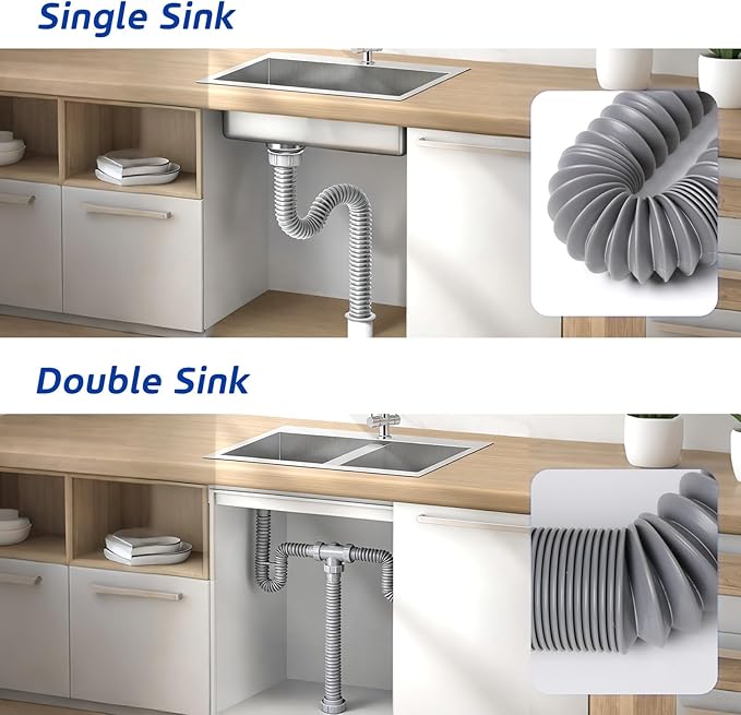 Sink Drain Pipe Kit - Expandable Flexible P-Trap for 1 1/2" or 1 1/4" Drains, Complete with Connectors and Adapter, Adjustable Installation, Ideal for Kitchen, Bathroom(Grey)