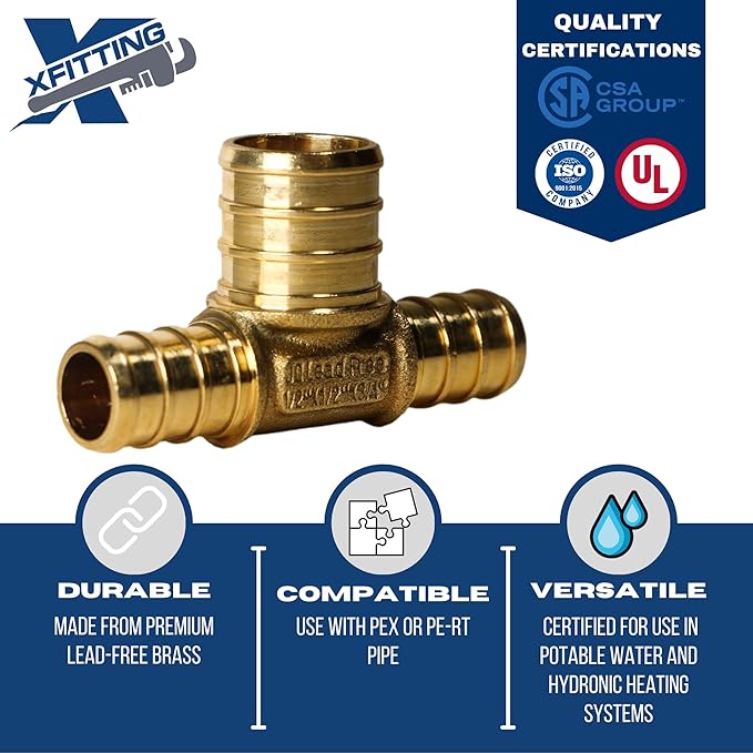 XFITTING 1/2 inch x 1/2 inch x 3/4 inch Pex Tee, Pex B Reducing Tee Crimp Version 25-1-2=10X, 10 Pieces