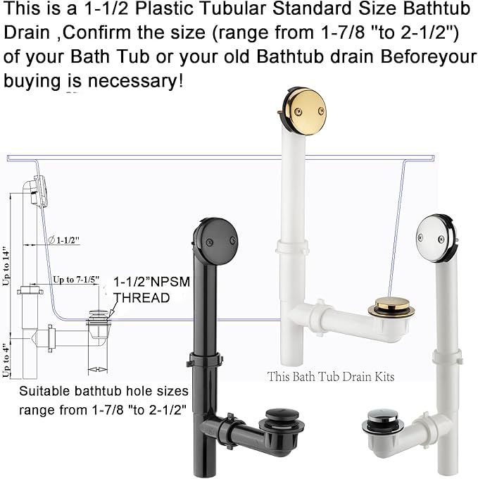 (1 Pack) Yariwiz 1-1/2" Golden Bathtub Tub Drain Kit Bath Waste Overflow Drain Tube Assembly with Touch-Toe Tub Drain Stopper and Overflow Faceplate Gold