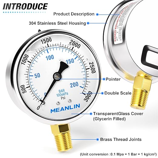 MEANLIN MEASURE 0~3000Psi Liquid Filled Pressure Gauge 1/4" NPT 2.5" FACE DIAL Stainless Steel Glycerin Filled WOG Water Oil Air Lower Mount