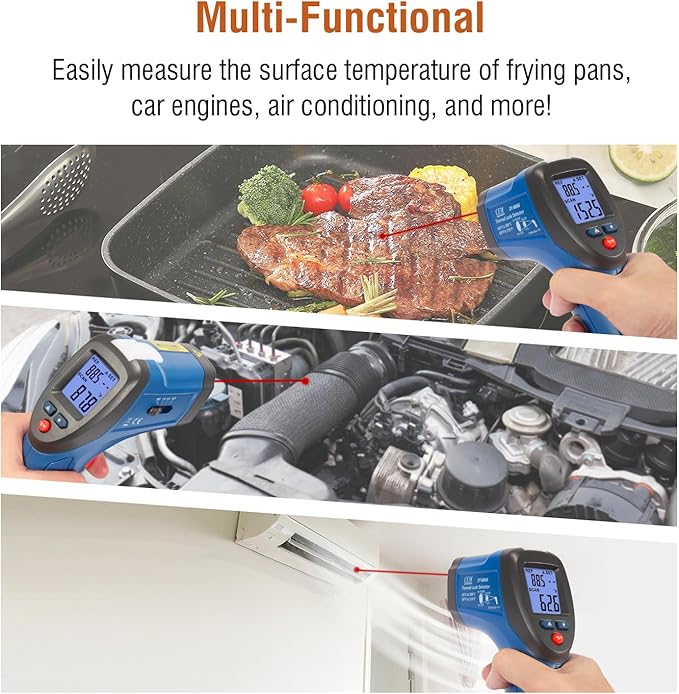 CEM DT-8666 Digital Infrared Meat Thermometer Gun,DS10:1 Instant Read Laser Temperature Gun for Griddle,Grill,Oven,Pizza, Thermal Air Heat Leak Detector for Industrial Repairs with Color Light Alarm
