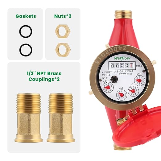 Watflow DN15 Water Meter 1/2" NPT,AWWA C708 Certification Gallon Water Flow Meter, Hot Water Meter for Garden/Home/Apartment, Horizontal Install.