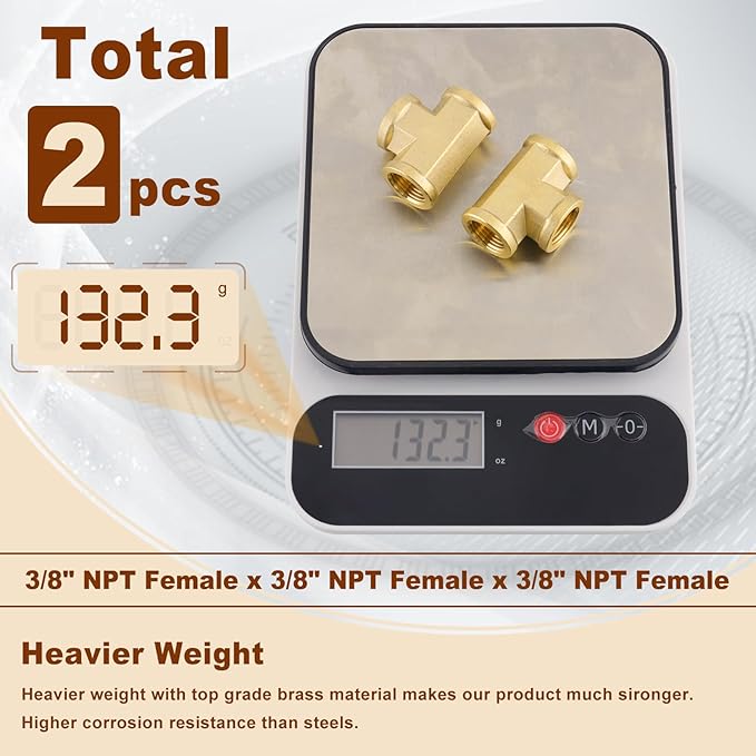 2pcs 3/8" Brass Tee Fittings 3/8" NPT Female Pipe to 3/8" NPT Female Pipe to 3/8 Inch NPT Female Brass Barstock Street Tee Pipe Fittings 3 Way Forged Brass Fittings