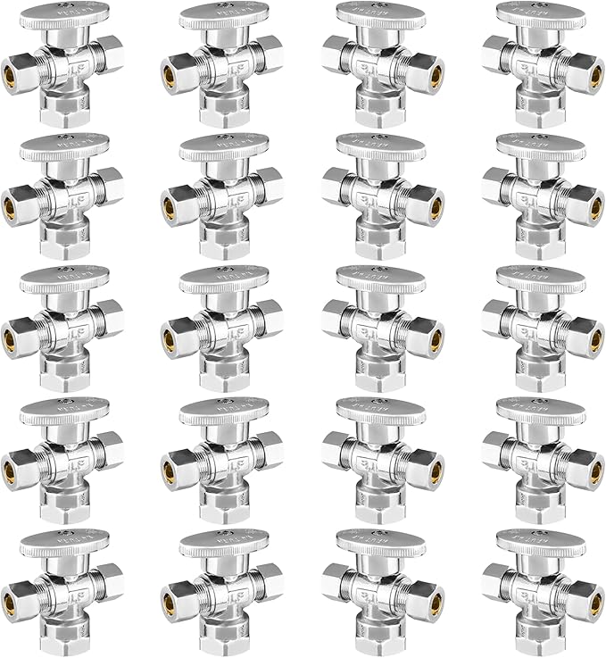 20-PCs HeSun Dual Compression Outlet Angle Stop Valve, 1/2" FIP x 3/8" OD Comp x 3/8" OD Comp, 1/4-Turn Shut Off Valve for Bathroom, PEX Chrome Plated Brass(VALVE369-20)