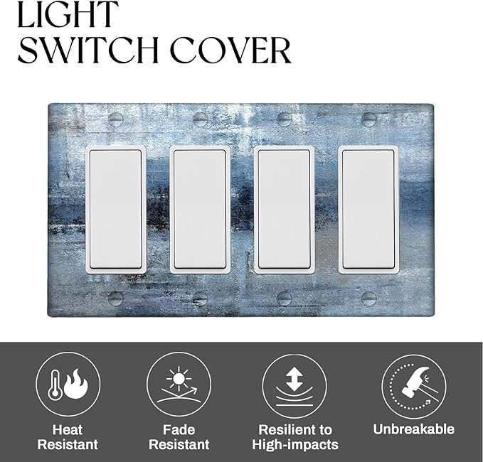 Blue Grey 4-Gang Rocker Light Switch Cover Abstract Art Decorative Wall Plate Cover Modern Electrical Outlet Covers