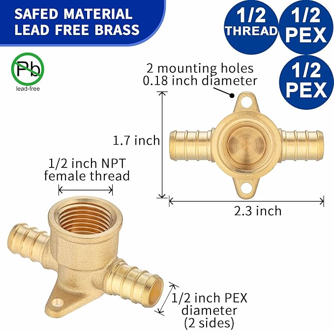 (10 Pack) Lidertik 1/2 Drop Ear Tee Pex Adapter, 1/2" PEX B F1807 to 1/2" PEX B F1807 to 1/2" NPT Female Threaded Adapter Brass LI-APXDET12 (10 Pieces)