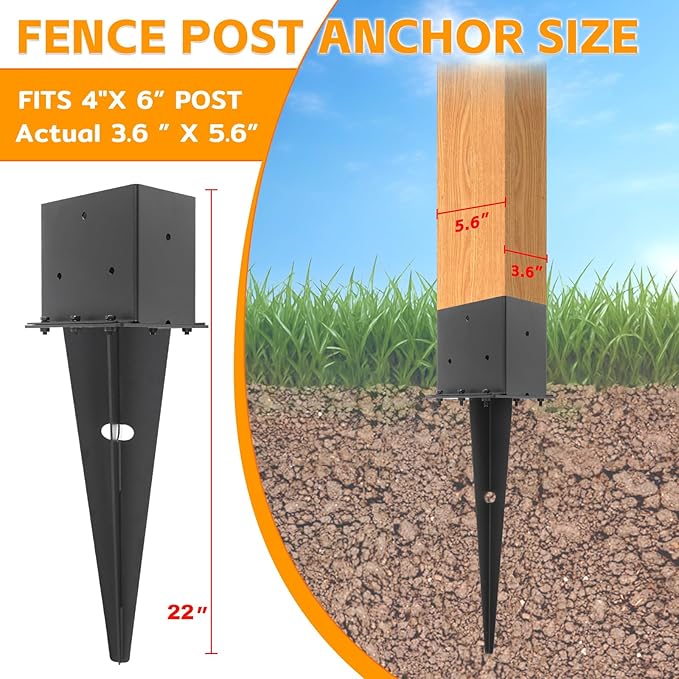 2 Set 4"x 6" Fence Post Anchor Ground Spike, 22" Heavy Duty Metal Fence Stake Post Bases (Inner Size 3.6"x5.6") with Black Powder Coated for Fence, Deck, Railing, Mailbox and Porch