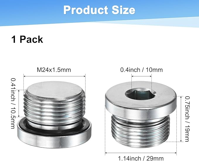 1-Pack M24x1.5mm Inner Hex Head Pipe Fitting Plug, Carbon Steel Sensor Socket Plug with Seal O-Ring for Terminate Pipe Ends/High Pressure Washer, Sealing Screw