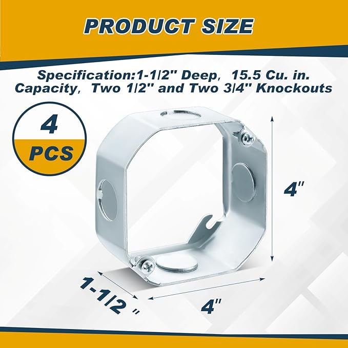 4 Pcs 4 Inch Octagon Extension Ring Ceiling Outlet Box 1-1/2-Inch Deep Round Electrical Junction Box Extender Deep Steel 15.5 Cu. in. Capacity