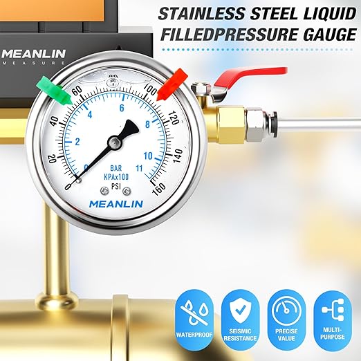 MEANLIN MEASURE 0~160Psi Liquid Filled Pressure Gauge 1/4" NPT 2.5" FACE DIAL Stainless Steel Glycerin Filled WOG Water Oil Air Back Mount (with 2PCS Snaps)