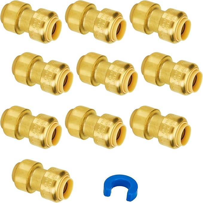 10-Pack SUNGATOR 1/2 Inch Straight Coupling Pushfit Plumbing Fittings, No Lead Brass Straight Coupler, Push to Connect Pex Pipe, Copper, CPVC, with 1 Disconnect Tool