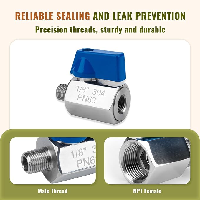 4Pack 1/8" Mini Ball Valve, 304 Stainless Steel Shut-Off Valve NPT Female x Male Thread Small Valves for Compact Space (4, 1/8 Inch)