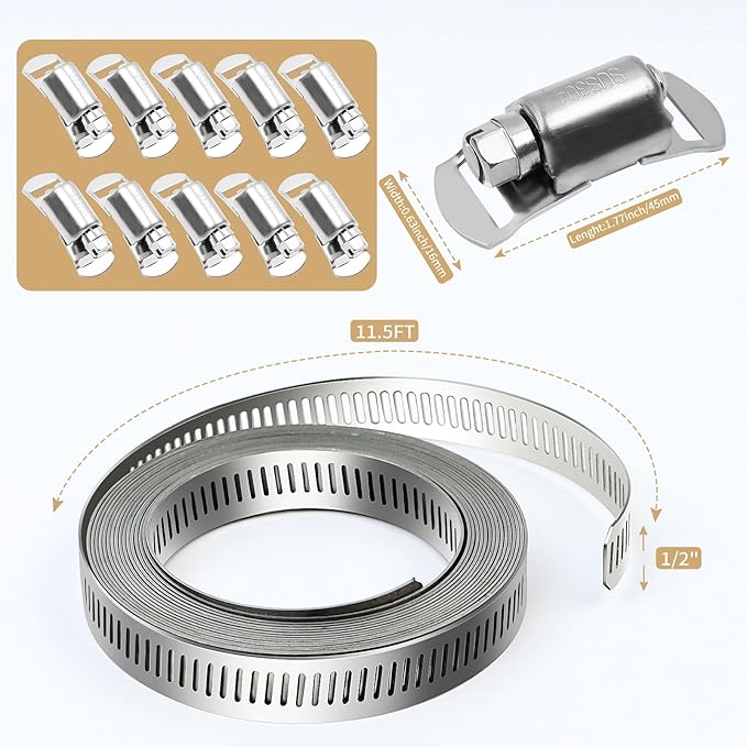 304 Stainless Steel Hose Clamps - For DIY,Cut-To-Fit 11.5 FT Metal Strap + 10 Stronger Fasteners Assortment Kit Large Adjustable Worm Gear Band Screw Clamps Duct Pipe Metal Clamp Strapping