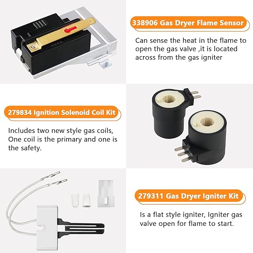 Gas Dryer Repair Kit WP338906 338906 Gas Dryer Flame Sensor 279311 Igniter 279834 Gas Valve Solenoid Coils Kit by Blutoget- Fit for Whirlpool Ken-More Dryers- Replaces WP338906 AP3094251 PS334310