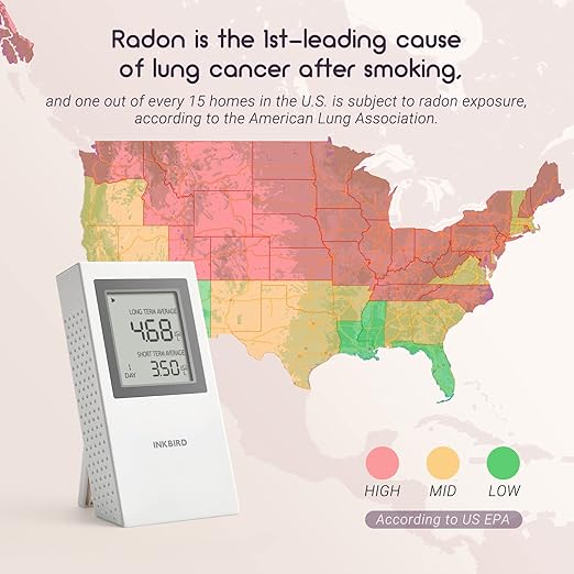 INKBIRD Portable Radon Detector, Home Radon Meter, US Version-Pci/L, Short-Term and Long-Term Monitoring, Battery Included (INK-RD1-W)