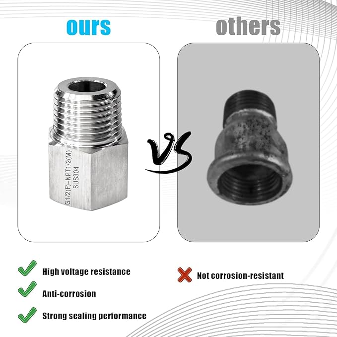 2 Piece G1/2 Female (1.9cm)-NPT1/2 Male (2.1cm) Threaded Fitting,Reducer Adapter, 304 Stainless Steel Sensor Gasket Adapter Extender.