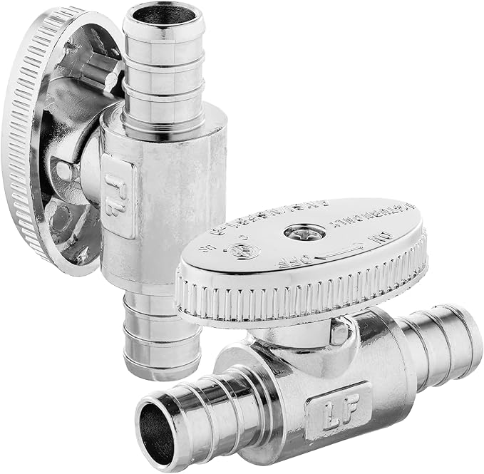 2-PCs HeSun Pex Barb Crimp Straight Stop Valve, 1/2" PEX x 1/2" PEX Straight Stop, 1/4 Turn Shut Off Valve for Bathroom, ASTM F1807(VALVE105)