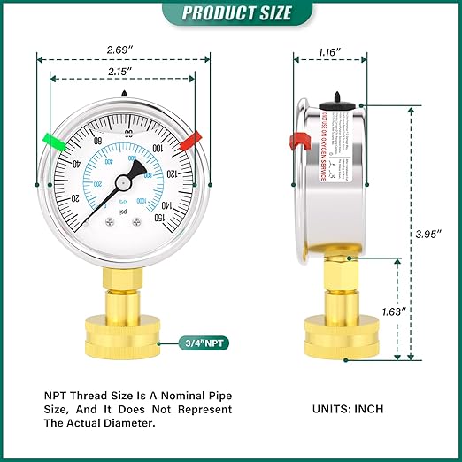 0-150PSI Stainless Steel Water Pressure Glycerin Filled Gauge, 2.5" Dial Size, 3/4" Brass Female Lower Mount, with Sealing Ring, Home Water Pressure Tester (with Range Mark Pointer)