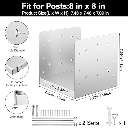 8"x 8" Post Base, 2Pcs Stainless Steel Adjustable Post Anchor Bracket(Internal 7.5" x 7.5"), Adjustable Post Base for Pavilion Deck Porch Handrail Railing Support Decorative Anchor Plate