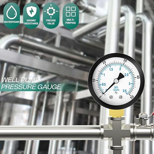 0-50PSI Well Pump Pressure Gauge 2" Dial Size, 1/8" NPT Lower Mount, 3-2-3% Accuracy, for Tube, Water Pump, Gas, Liquid, Pressure Test