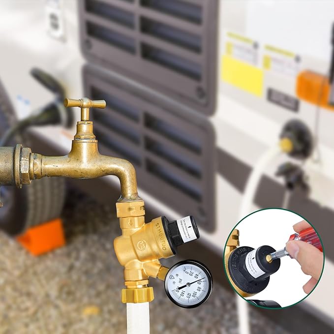 RV Water Pressure Regulator, Brass Lead-Free Adjustable Water Pressure Reducer with Pressure Gauge, includes 2-in-1 Screwdriver, 2 Strainers, Raw Tape for RV Camper and Travel Trailer, Yard.