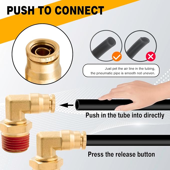 3/8" 90 Degree Elbow Union Brass DOT Push to Connect Air Line Fittings, 3/8" OD Tube x 1/2" NPT Air Brake Line Quick Fitting Connectors for Truck Trailers or Industry Air System(2PCS)
