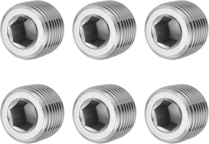 Pipe Plug Stainless Steel Internal Hex Thread Socket Pipe Plug Fitting - Fitting for (Sealing Port - Air Tanks - Water Outlets) 1/2 Inch NPT Male & 6 Pack