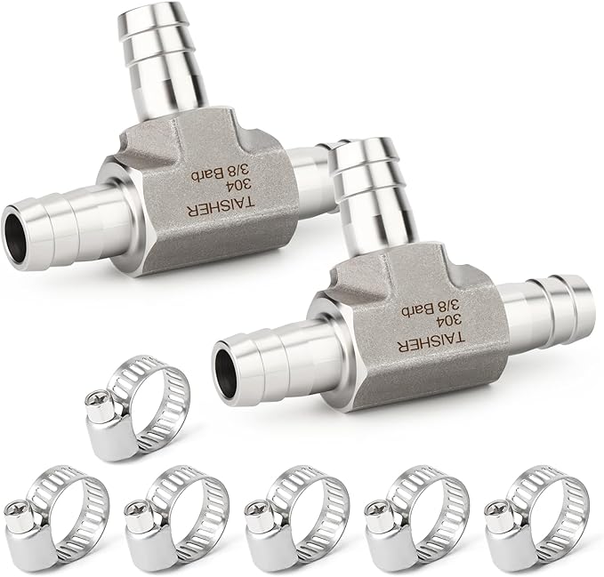TAISHER 1PCS Forging of 304 Stainless Steel 3 Way Tee Hose Barb Fitting, 3/8" x 3/8" x 3/8" Hose Barb for Fuel/Air/Lquid/Gas with 3PCS Hose Clamp