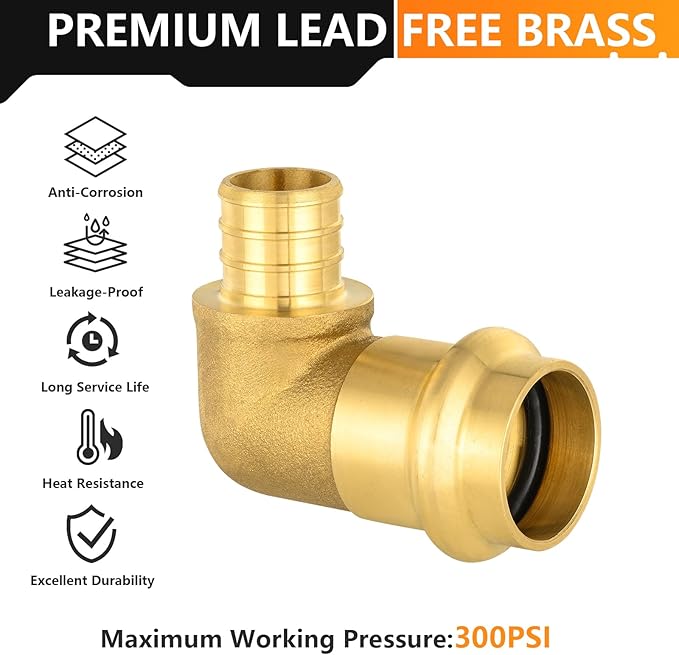 10-Pack HeSun Copper Press Fitting Elbow, 1" PRESS X 1" PEX F1807 Crimp Elbow, LF Brass