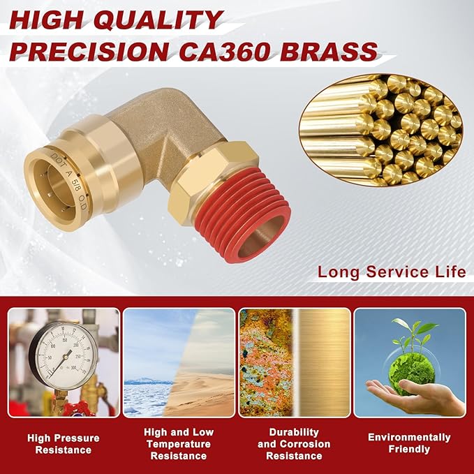 5/8" Quick Push to Connect Fittings Brass 90 Degree Union Swivel Elbow Joint DOT Approved 5/8" Tube OD x 1/2" NPT Thread Air Brake Line Adapter Air Suspension Kit for Car Truck Trailers 2pcs