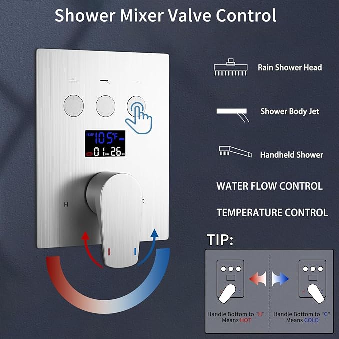 Temperature Display Rain Mixer Shower Faucet Set with 6 Body Jets 12 inch Square Rainfall Shower Head with Handheld Spray Wall Mounted Rough-in Valve and Trim Included,Brushed Nickel