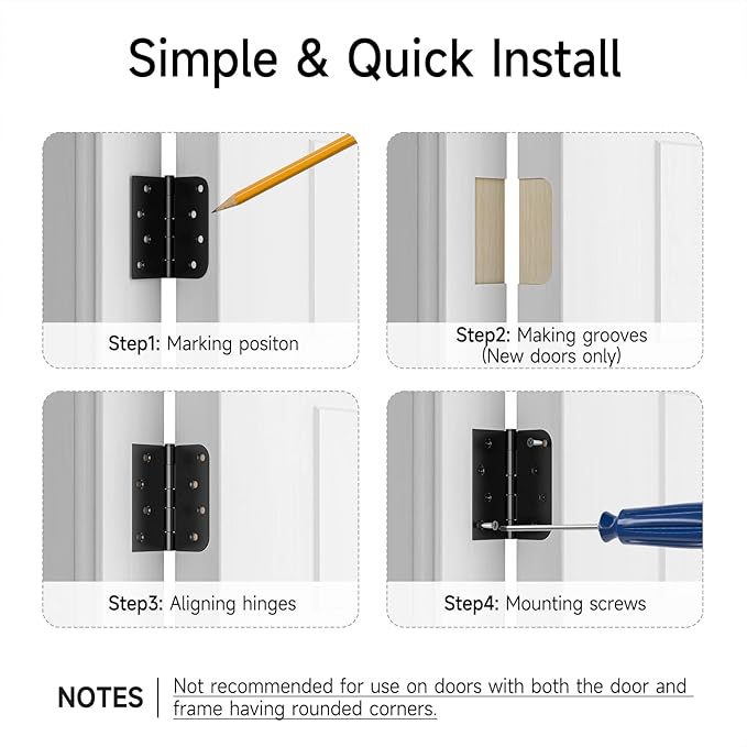 HOSOM 6 Pack Black Exterior Door Hinges 4 Inch, 5/8" Radius, Removable Pin, Perfect for Heavy-Duty Front & Back Door, Antirust & No Squeaks
