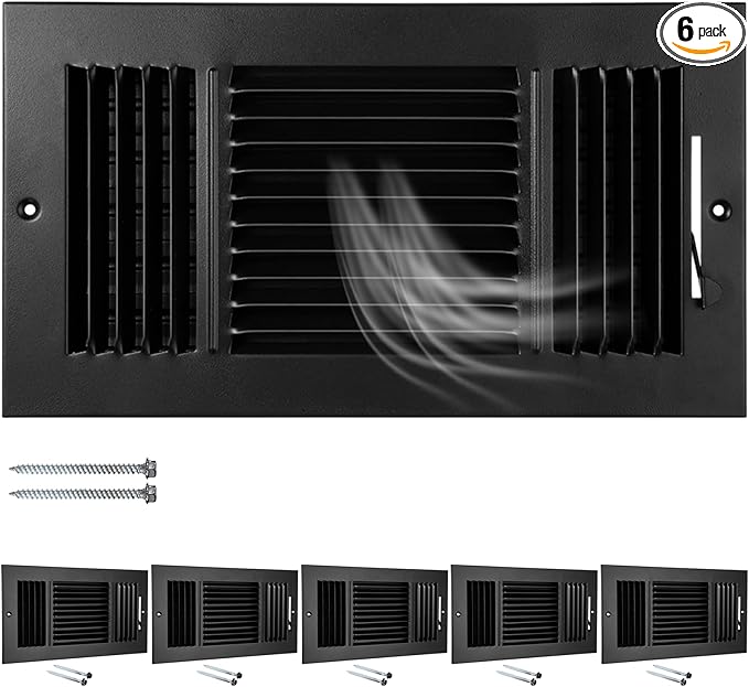 VIHOSE 6 Pcs Vent Covers 12 x 6 Inch HVAC Sidewall Air Ceiling Register 3 Way Vents for Wall Solid Steel Manual Adjuster for Bathroom Toilet Home Office (Black)
