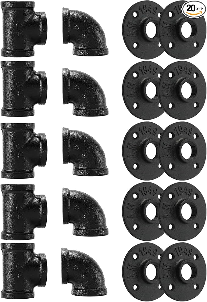 3/4" Black Pipe Fitting, Home TZH 20 Pack Floor Flange/Elbow/Tee Combo for Industrial vintage style, Flanges/Elbow/Tee with Threaded Hole for DIY Project/Furniture/Shelving(20, Black 3/4")