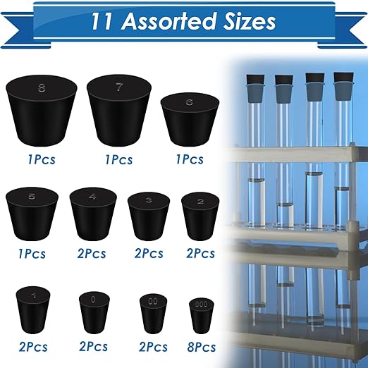 24Pcs Solid Rubber Stopper 11 Assorted Sizes 000# - 8# for Flask, Plug Holes, Lab Seal Rubber Stoppers