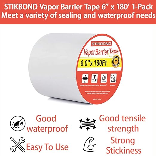 Vapor Barrier Tape 6 Inch x 180' x 4mil 1-Pack Moisture Barriers Seal and Seam Tape, White Polyethylene Tape for Crawl Space,Waterproofing, Underlayment,Metal Building and Plastic Sheeting
