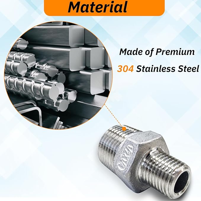 2pcs 1/2" NPT x 1/4" NPT Stainless Steel Nipple, 1/2 to 1/4 Adapter Fitting Reducing Solid Hex Stainless Steel Reducer Fittings for Extending and Connecting Pipes