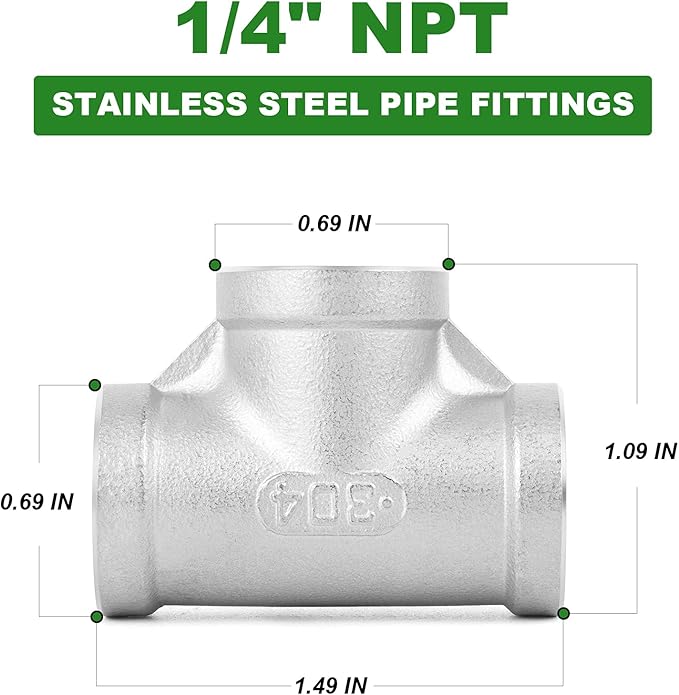 TAISHER 2PCS Stainless Steel Tee Pipe Fittings, 1/4" x 1/4" x 1/4" NPT Female Pipe Fittings
