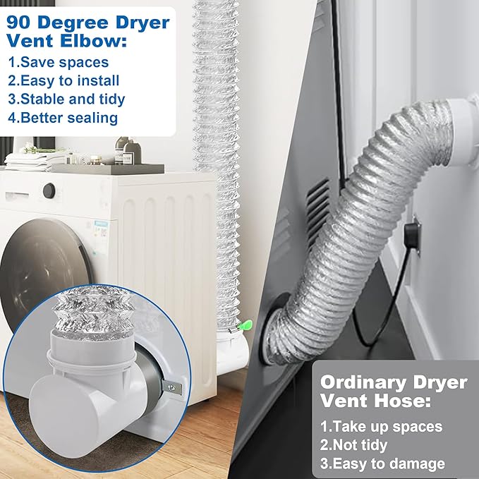 90 Degree Dryer Vent Elbow, 4" Dryer Vent Hose, Space Saving Connector Kit Clothes Dryers Duct Pipe Tube Connection Adapter for Tight Spaces with Clamp Sealing Tape