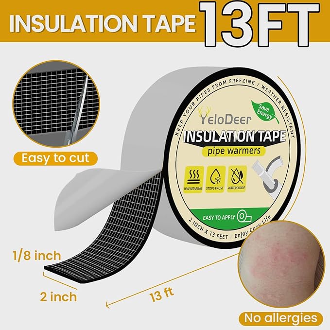 Pipe Insulation Wrap, 2 PCS 2 in X 13 Ft Foam Insulation Tape Self Adhesive Heat Tape for Water Pipes, Outdoor AC Line Pipes Winter Freeze Protection