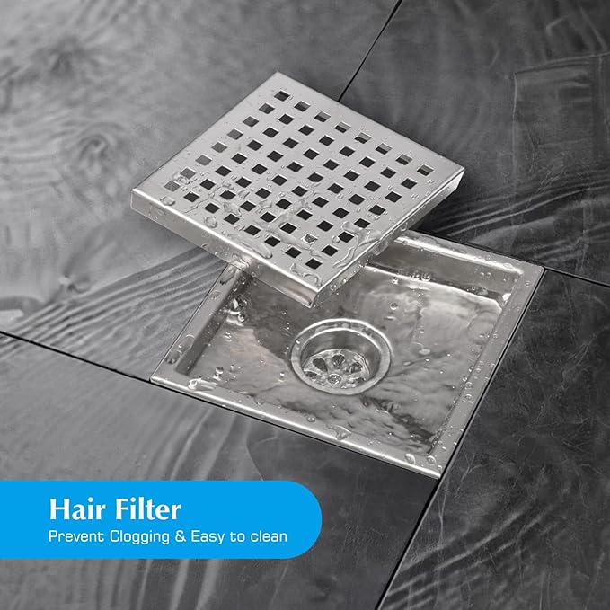 Square Shower Drain, Silver Shower Drain 6 inch with Flange and Removeable Grate Cover, AISI 304 Stainless Steel Shower Floor Drain with Hair Catcher and Flange