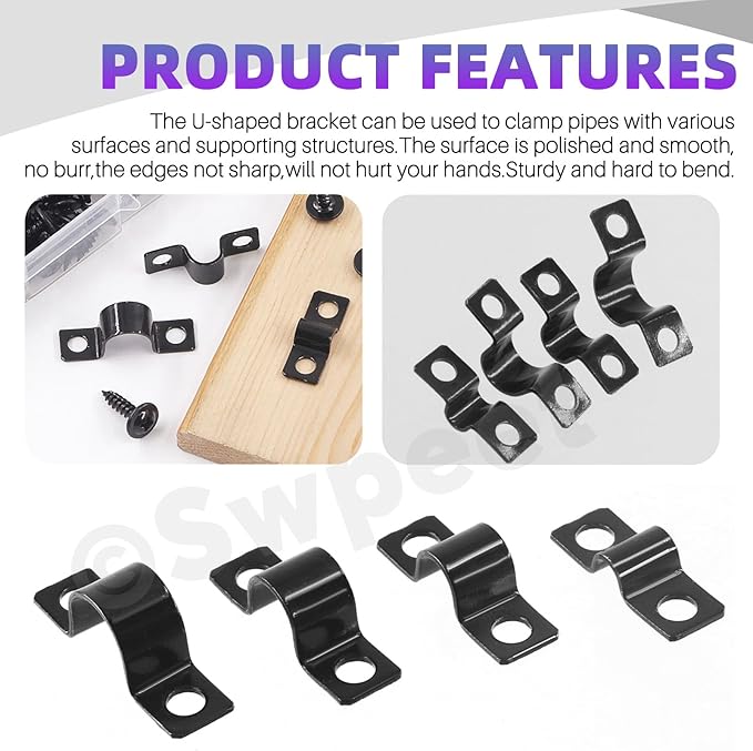 Swpeet 25Pcs 10mm Two Hole U Bracket Clamp with 50Pcs Self-tapping Screws Kit, U-Clamps, Metal Pipe Clamps, Pipe Strap Clamps, Conduit Tension Clips for Fixing Pipe or Cable