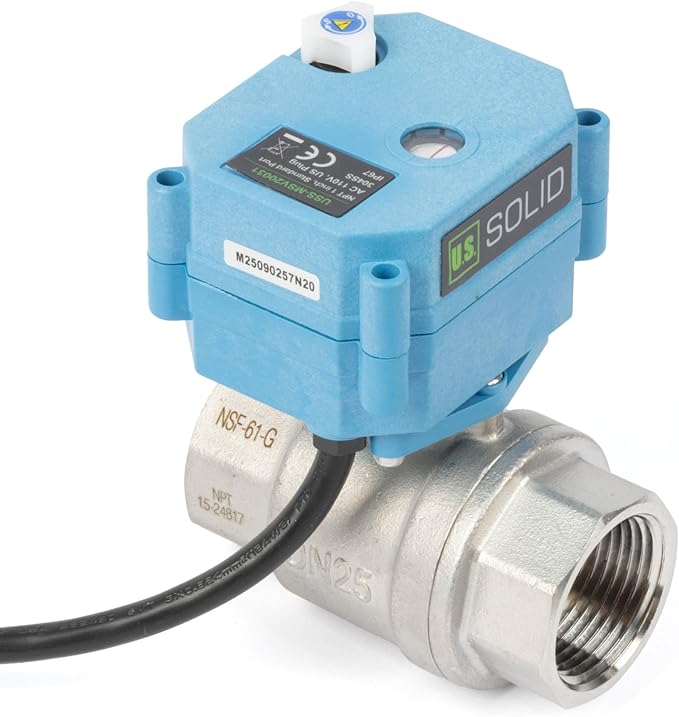U.S. Solid 1 inch NPT 304 Stainless Steel Motorized Ball Valve - Plastic Electrical Ball Valve, 2 Wire Auto Return, AC 110~230V, Normally Closed, IP67, NSF Certified