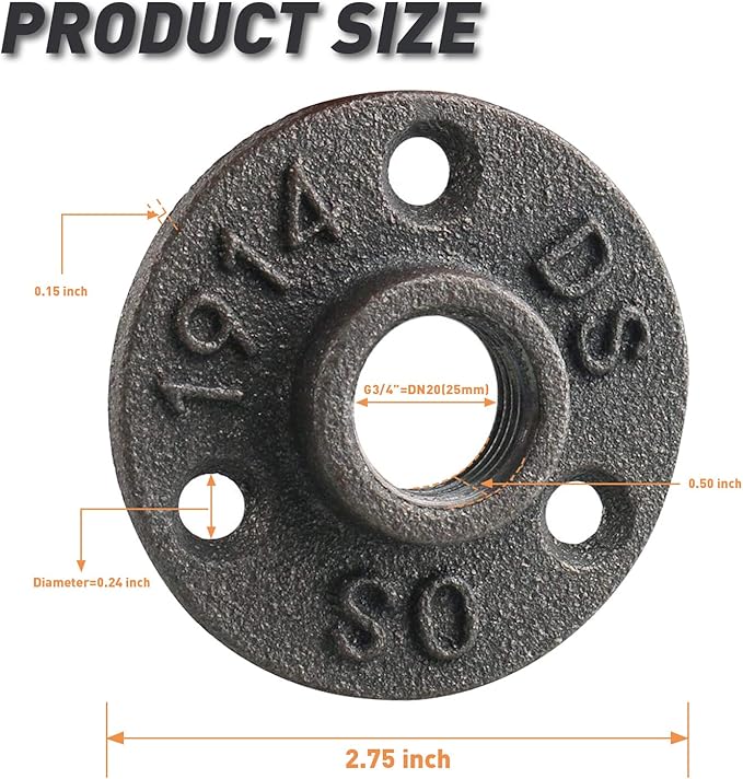 3/4" Floor Flange, 60 Pack MalleableIron Threaded Pipe Flange for Industrial vintage style, Flanges with Threaded Hole for DIY Project/Furniture/Shelving Decoration (60, 3/4 Inch)